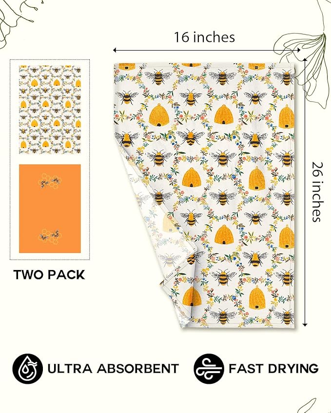 Miss Adola 2 Pack Flour Sack Kitchen Towels - 16x26 Inch Cotton Dish Towels with Hanging Loop Reusable Geometric Boho Modern Retro Tea Towel Absorbent Dishcloths Home Decor, Orange Bee