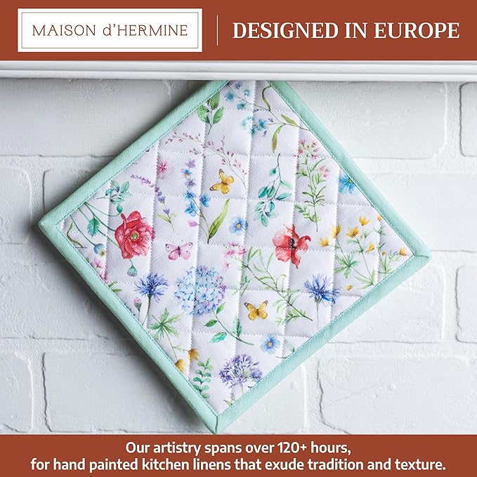 Maison d' Hermine Pot Holders 100% Cotton Heat Resistant Potholders 8" x 8" Hot Pads with Loop BBQ Cooking Baking Gifts for Mothers Day Handling Hot Pans Spring/Summer (Pack of 1, Just Floral)