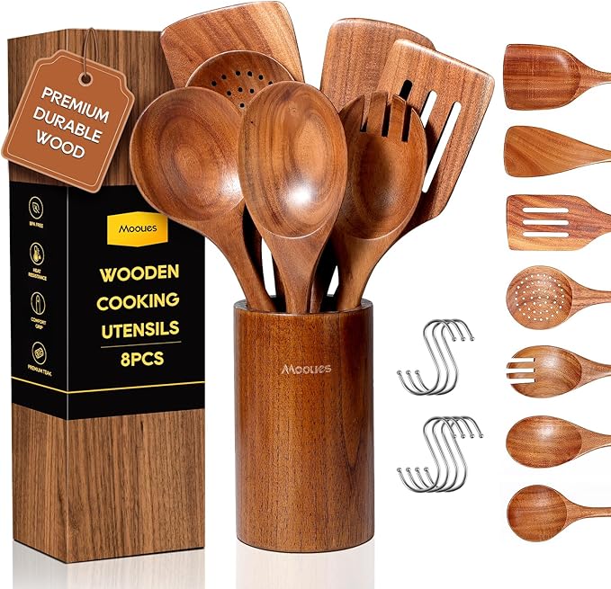 Wooden Spoons for Cooking, 8 PCS Teak Wood Cookware Utensil Set with Hooks - Smooth Finish, Non-Stick, Comfort Grip Cooking Spoons and Utensils Holder