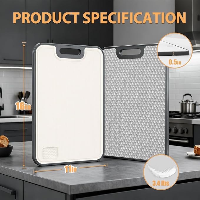 18/8 Stainless Steel Cutting Board, Large Double Sided Chopping Board for Kitchen (17x12"), Food-Grade 304 & Wheat Straw PP, Deep Juice Grooves, Non-Slip & Dishwasher Safe