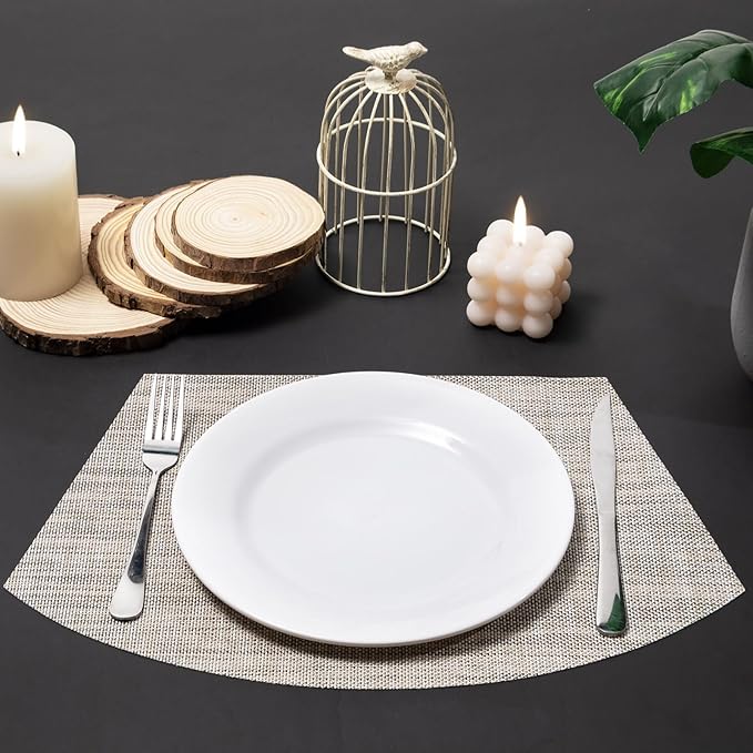 SHACOS Wedge Placemats Set of 8 Woven Vinyl Placemats for Round Curved Table Place Mats Wipe Clean Non Slip Table Mats, Beige White Black