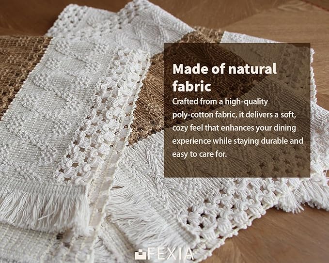 FEXIA Boho Placemats Set of 6, Macrame Table Decor Farmhouse Style Placemats in Natural Cotton Burlap, for Kitchen and Dining Table Centerpiece Home Decorations（Beige & Brown）