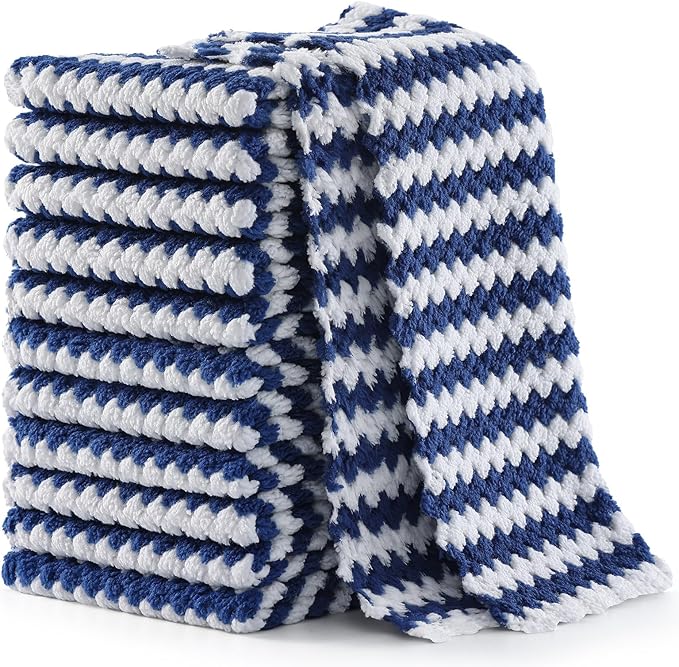 Homaxy 12 Pack Kitchen Dish Cloths, Ultra Soft and Absorbent Dish Towels, Reusable Fast Drying Microfiber Cleaning Cloth, Coral Velvet Wave Design No-lint, 7 x 9 inches, Navy Blue
