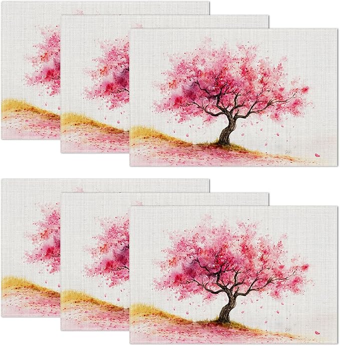 Cherry Blossom Flower Tree Placemats Set of 6,12 x 18 Inch Table Mats Washable Heat Resistant Linen Fabric Rectangle Place Mat for Party Home Kitchen Dining