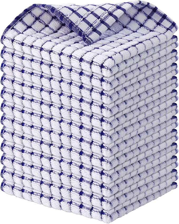 Kitinjoy Cotton 12 Pack Terry Kitchen Dish Cloths, 12 x 12 Inches Super Soft and Absorbent Dish Rags, Quick Drying Dish Towels for Washing Dishes, Blue