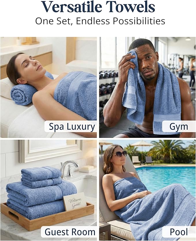 Lane Linen Bath Towel Set - 24 Pcs - Made From 100% Ring Spun Cotton - Quick Dry, Soft & Absorbent - 2 Bath Sheet, 4 Fingertip, 4 Bath, 6 Hand Towels, 8 Washcloth - Multipurpose Towels - Cerulean Blue