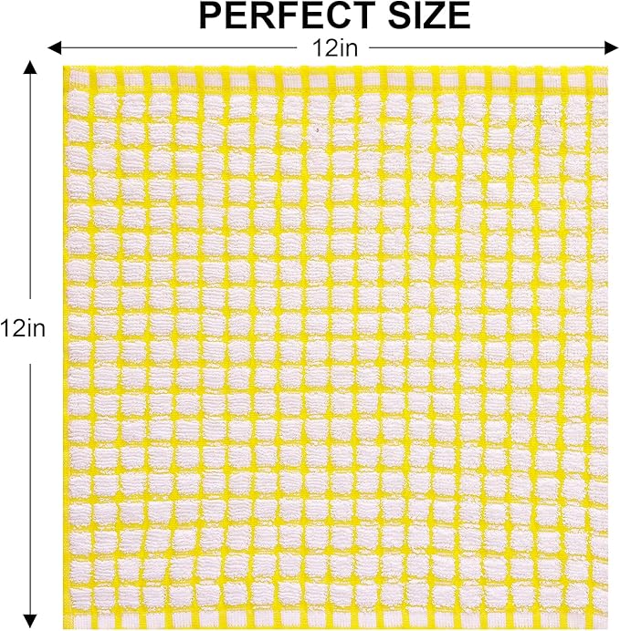 Kitinjoy Cotton 12 Pack Terry Kitchen Dish Cloths, 12 x 12 Inches Super Soft and Absorbent Dish Rags, Quick Drying Dish Towels for Washing Dishes, Yellow