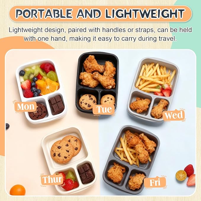 Honeydak 5 Pack Snack Containers 3 Compartment Bento Snack Boxes Divided Meal Prep Containers with Lids Reusable Adults Lunch Food Storage Box for School Work Travel(Black White)