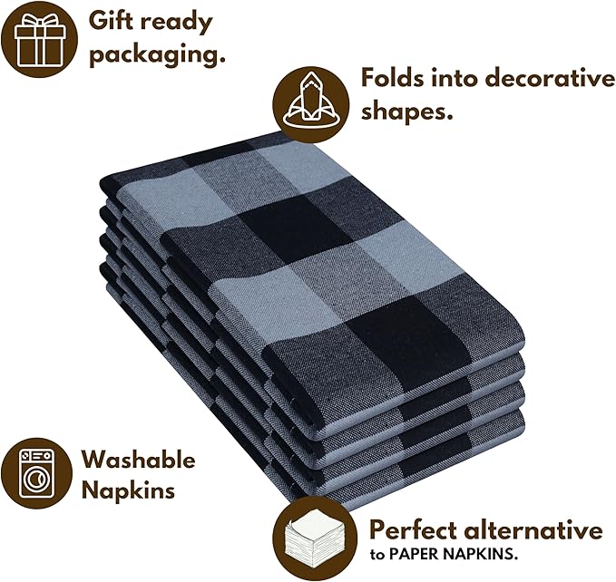 Native Fab Buffalo Check Set of 4 Cloth Dinner Napkins 16x16 inches Soft, Absorbent, Cotton Napkins - Reusable Everyday Use Fabric Napkins - Black and Grey