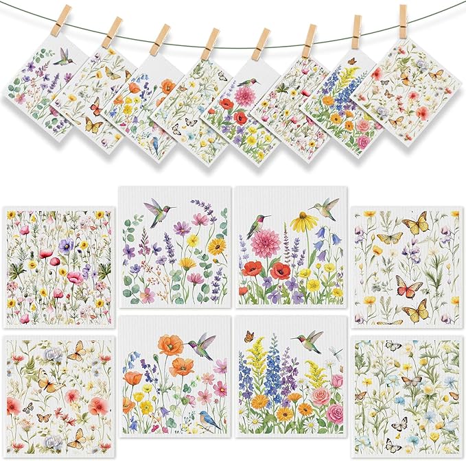 Tegeme 8 Pcs Wildflowers Swedish Dishcloth Kitchen Spring Hummingbird Butterfly Flower Dish Towel Absorbent Cotton Reusable Kitchen Towels for Summer Home Party Housewarming Counter Wipes, 6.8 x 7.7''