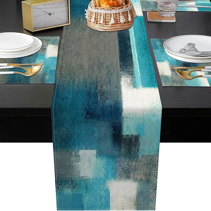 Emvency Farmhouse Table Runner and Placemats Set of 6, Cotton-Linen Abstract Teal and Grey Painting Art Dining Table Decor for Daily Use(1 Table Runner 72 inches Long and 6 Placemats)