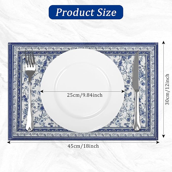 comfoyar Floral Branches Blue Placemats Set of 4, 12x18Inch Non-Slip Vintage Flower Place Mats, Rustic Country Style, Washable Absorbent Table Mats for Framhouse Kitchen Dining Party Table Decoration