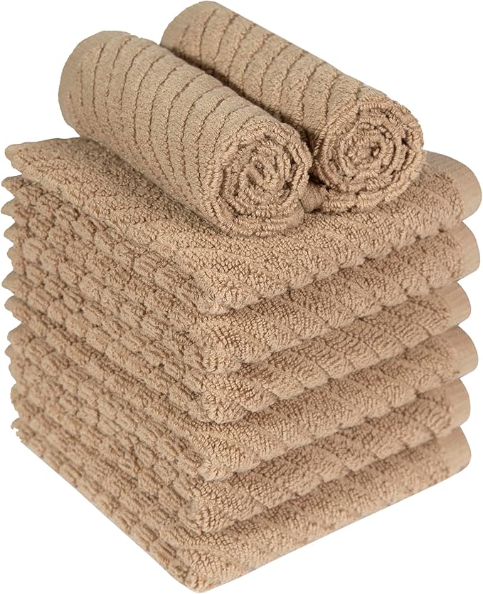 Bumble Towels Premium Kitchen Dish Cloths (12" x 12") | 8 Pack | Diagonal Deluxe Dish Cloth | High Absorbent Tea Towels Set | Tan