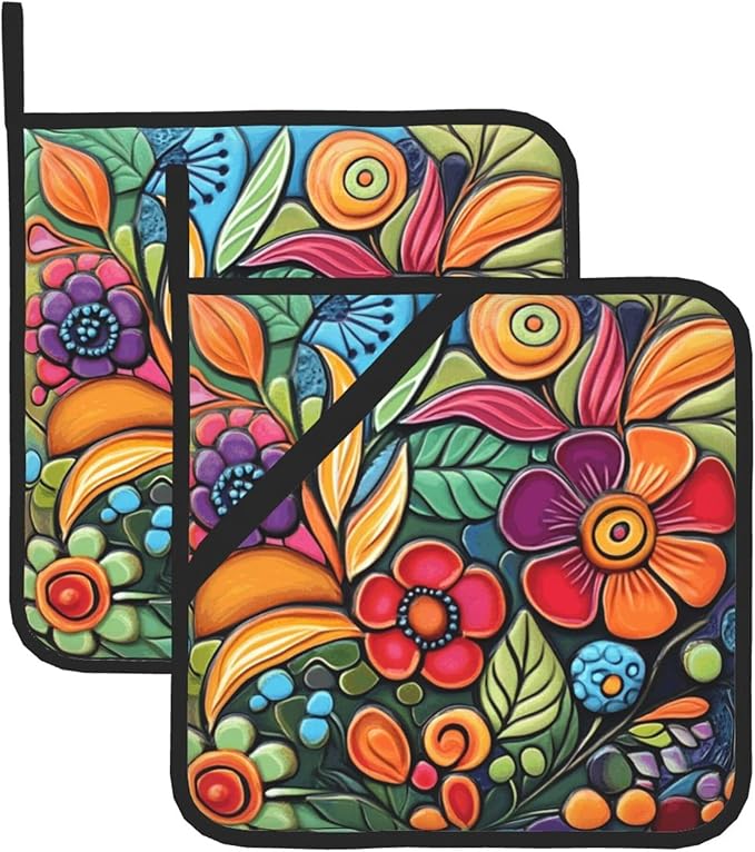 Colorful Boho Florals Pot Holders Set of 2 Kitchen Decorative Heat Resistant Potholder Cotton Lining Oven Hot Pads for Cooking Baking Microwave Oven End Dishes BBQ Holiday Decors