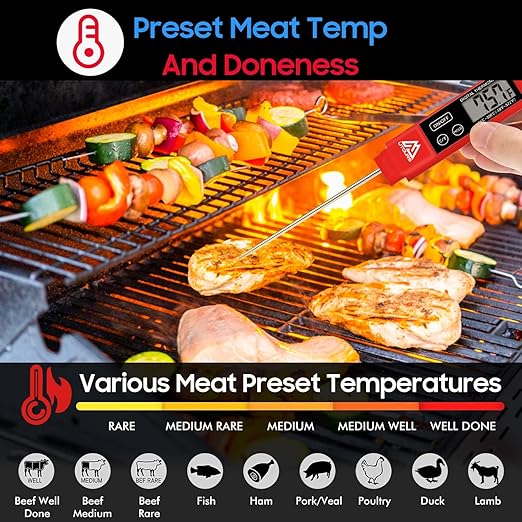 Digital Food Cooking Thermometer, 304 (18/10) Stainless Steel Thermometer Instant Read Meat Thermometer for BBQ Grill Smoker Milk and Water (Red)