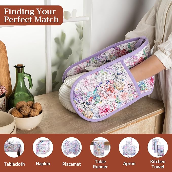 Maison d' Hermine Double Oven Mitts 100% Cotton 7"x35" Double Oven Mitt Heat Resistant BBQ Cooking Gloves with Loop Baking Grilling Gifts for Mothers Day Spring Summer (Floral Love)
