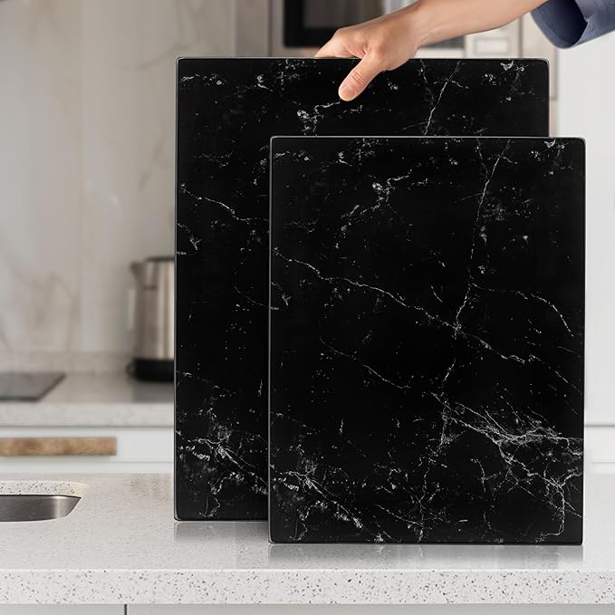 Kitchenville Glass Cutting Board 16"x12": Tempered Glass Kitchen Counter Protector - Durable- Scratch-Resistant, Heat-Proof - Design 1 - Black Marble Effect