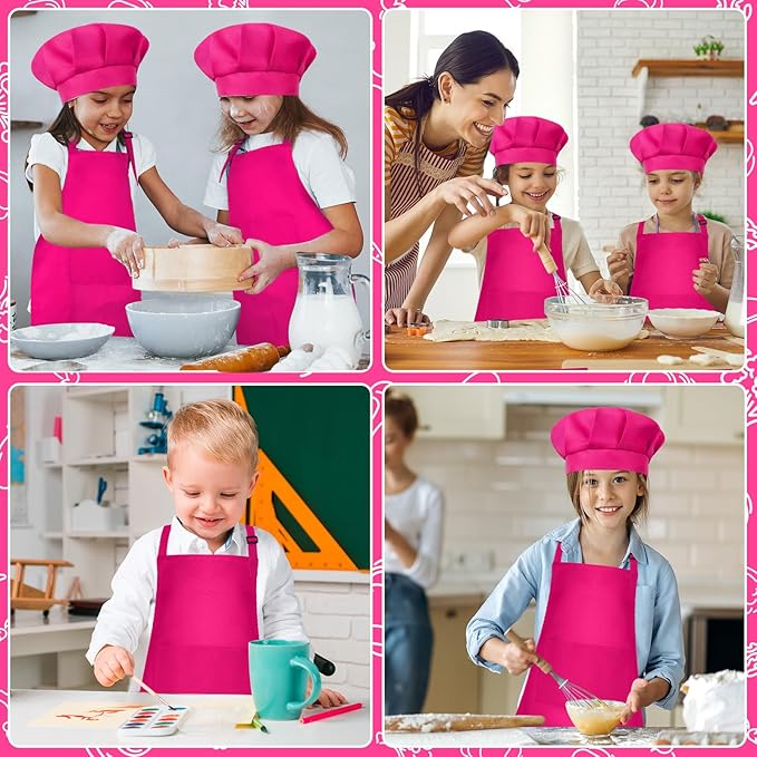 Kids Apron and Chef Hat Set Children Apron Adjustable with 2 Pockets Children Chef Painting for Cooking Baking