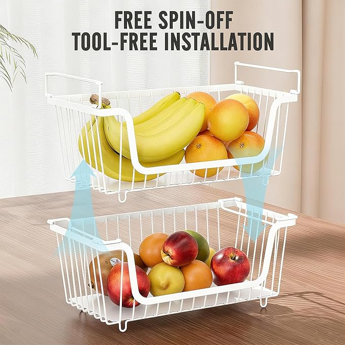 GAOKASE 6 Pcs Stackable Wire Baskets for Pantry Organizers and Storage,Vegetable Fruit Basket for Countertop,Kitchen Storage Metal Baskets,Produce Potato Onion Storage Bin,White