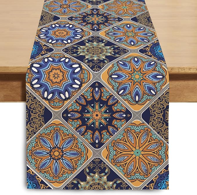 Boho Bohemian Table Runner 90 Inches Long, Vintage Seasonal Blue Table Runners for Party Kitchen Dining Coffee Table Bedroom Dressers Indoor Outdoor, Machine Washable (Bohemian C, 13” x 90”)