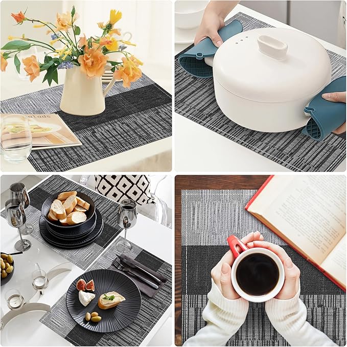 Niviy Black Placemats Set of 4, 12x18 Inch Washable Easy to Clean Heat-Resistant Anti-Skid Indoor Outdoor Table Mats for Holiday Party Kitchen Dining Room Decoration