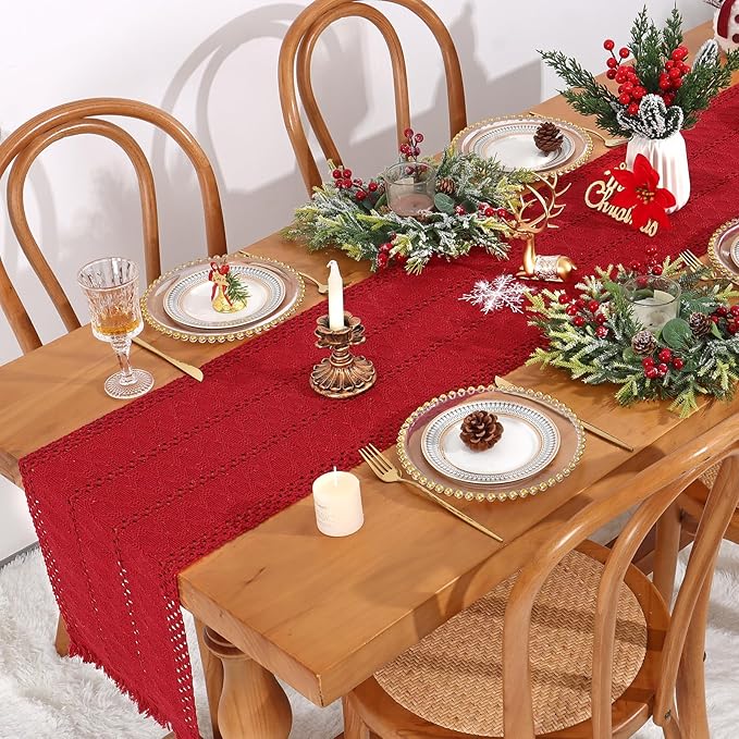 Alynsehom Macrame Table Runner Christmas Red Boho Table Runners with Tassels Hand Woven Cotton Table Runner Rustic Farmhouse Table Runners for Xmas Kitchen Dining Table(12x95in)