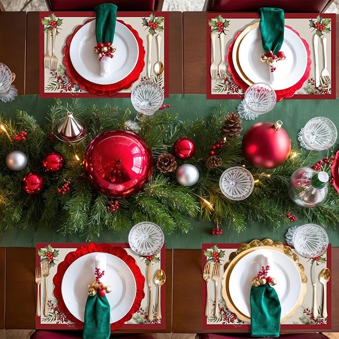 Set of 4 Red and White Placemats, 12 x 18 Inch Christmas Rectangle Table Mats, Linen Fabric Placemat for Holiday Indoor & Outdoor Party Dining Table Kitchen Decor -07