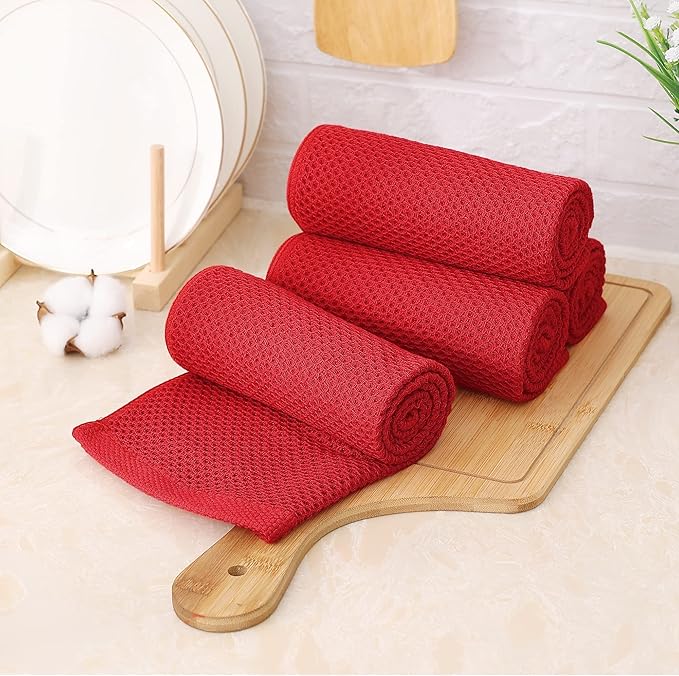 Kitinjoy 100% Cotton Waffle Weave Kitchen Hand Towels (13 X 28 Inches, Red), 8-Pack Super Soft and Absorbent Dish Towel for Drying Dishes