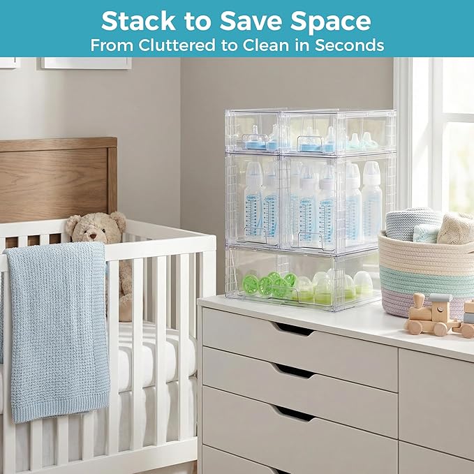 Vtopmart 6 Pack Clear Stackable Storage Drawers,Easy to Assemble Baby Bottle with handles,Plastic Drawers for Kitchen Pantry,Cabinet,Under Sink Organization