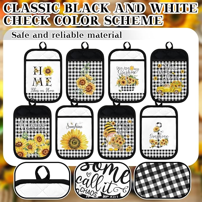 8 Pcs Sunflower Pot Holders with Pocket Buffalo Plaid Potholder Farmhouse Kitchen Heat Resistant Potholders Sunflower Hot Pad Oven Mitt Cookie Bag Oven Glove for Kitchen Decoration Baking Cooking Gift