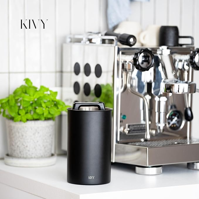 KIVY Vacuum Coffee Canister - Push Lid Preserves Coffee Aroma & Oil - Stainless Steel Airtight Coffee Canister - Container for Ground & Coffee Bean Storage - Coffee Storage Jar - Removes Excess Air