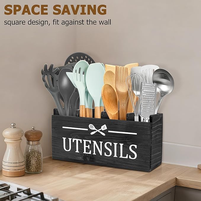 RedCall Extra Large Utensil Holder Organizer,4 Compartments Wooden Kitchen Tool Holder for Countertop,Rustic Farmhouse Utensil Organizer for Spatula Spoon Storage (Black-4)