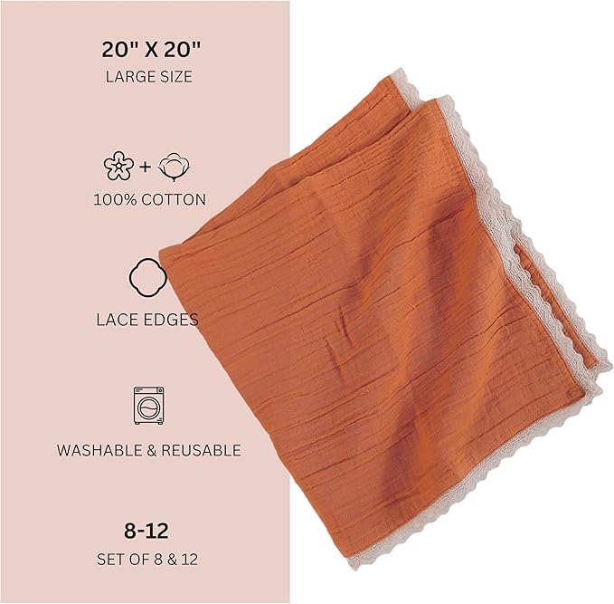 FINGERCRAFT Dinner Cloth Napkin Cotton Muslin Double Gauze 12 Pack with Classic Lace for Everyday Use, Wedding, Party, Christmas, Easter Napkins Cloth are Pre Shrunk and Good Absorbency Rust