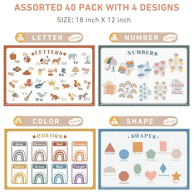 Babebay Disposable Placemats for Baby, 40 Pack Sticky Toddler Placemat for Restaurants, Dining Table, Party, Travel, 12" x 18" with 4 Designs