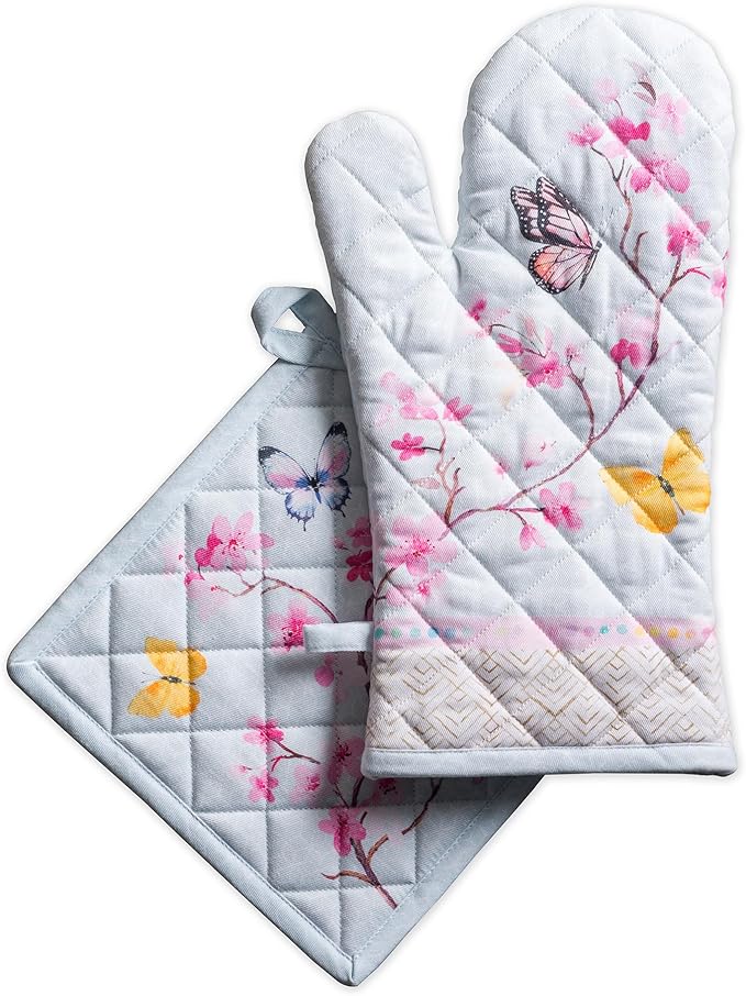 Maison d' Hermine 100% Cotton Oven Mitt & Pot Holder Set (7.5"x13" & 8"x8") Heat Resistant BBQ Cooking Gloves with Loop Grilling Kitchen Gifts for Mothers Day Spring/Summer (Blossoms in Spring)