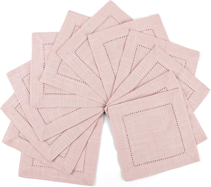 FINGERCRAFT Cocktail Napkins 6 x 6 Inch Premium Quality Cotton, Generous Hemstitch and Mitered Corner Set of 12 Coaster Cloth Pink