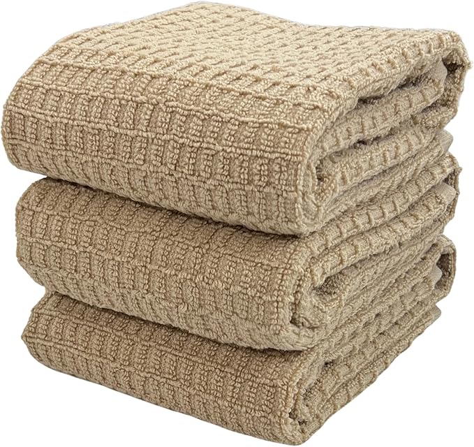 Serafina Home Tan Beige Kitchen Dish Hand Towels 100% Cotton Waffle Cloth Soft Cleaning Drying Absorbent Terry Box Loop: Set of 3 Multipurpose for Everyday Use Oversized 16" x 28"