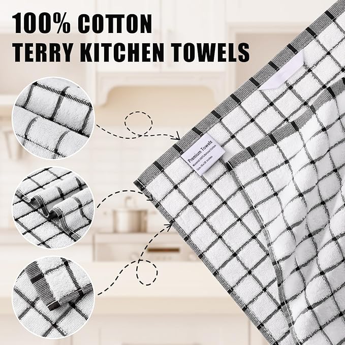 Homaxy Premium Kitchen Towels(16”x 28”, 8 Pack), Large Ring Spun Cotton Dish Towels, Super Absorbent Soft Terry Kitchen Hand Towels, Check Design Tea Towel Set with Hanging Loop, Black