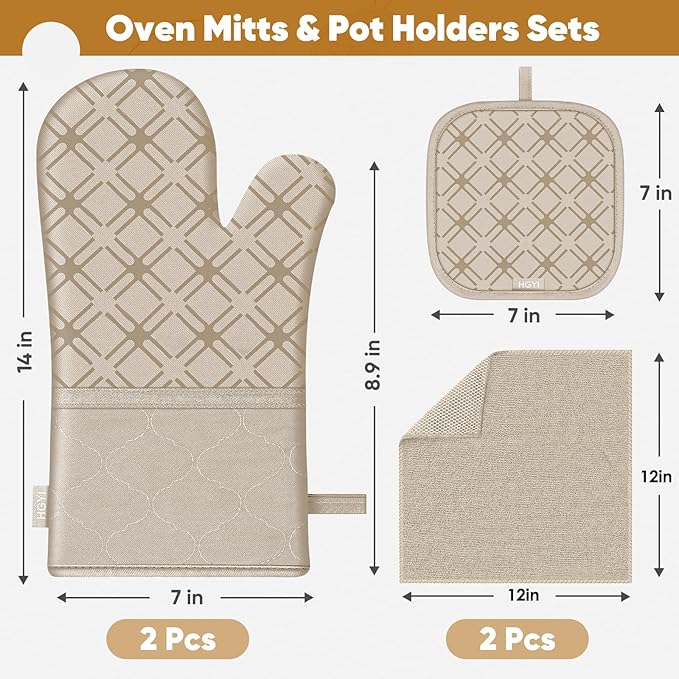Oven Mitts and Pot Holders Set with Dishcloths, 500 Degree Heat Resistant Oven Gloves and Hot Pads, Premium Soft Cotton Kitchen Mittens and Dish Cloth Sets-Beige