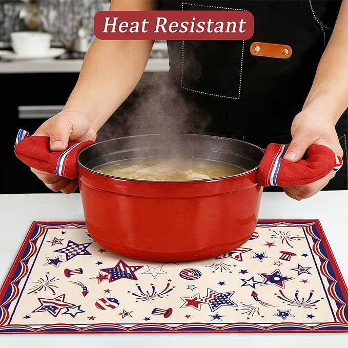 comfoyar America Stars 4th of July Placemats Set of 4, 12x18 Inch Non-Slip Linen Independence Day Place Mats, Washable Absorbent Table Mats for Kitchen Dining Party Table Decoration