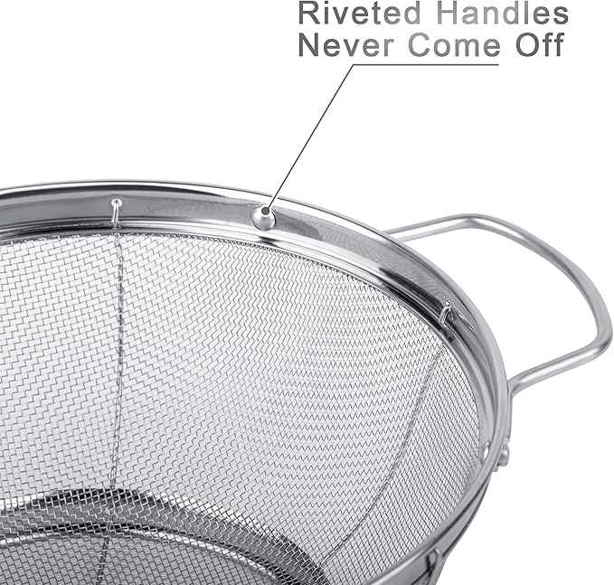 5 Pack 18/8 Stainless Steel Colander Sieves, Multi Size Mesh Strainer Net Baskets with Handles & Resting Base for Strain, Drain, Rinse or Steam