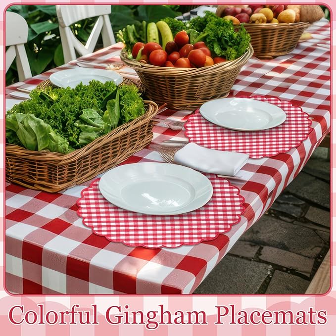 Set of 6 Round Placemats 15 Inch Cotton Scalloped Embroidery Placemat Washable Double Layered Rustic Dinner Table Mat Decor Fabric for Hotel Restaurant Kitchen(Red,Plaid)