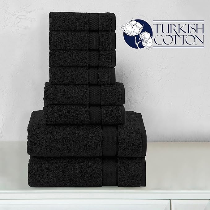 Elegant Comfort Premium Cotton 8-Piece Towel Set, Includes 4 Washcloths, 2 Hand Towels and 2 Bath Towels, 100% Turkish Cotton - Highly Absorbent and Super Soft Towels for Bathroom, Black