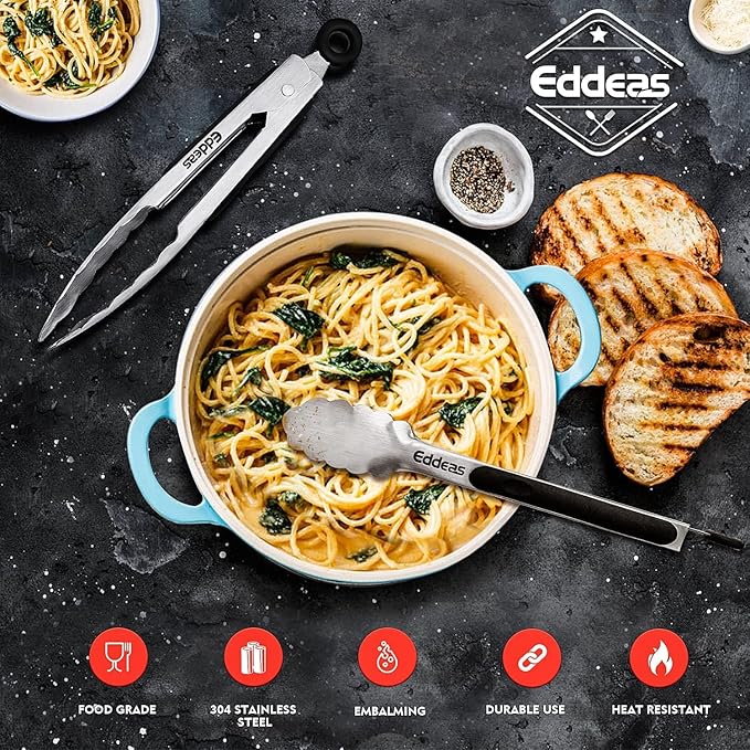 Eddeas Kitchen Tongs - 9 inch Heavy Duty Food Tongs, Ergonomic Grip Superior Stainless Steel and Non-Slip Heat Resistant handle - Perfect for Cooking, Salad, Grilling, Barbecue,Dishwasher safe