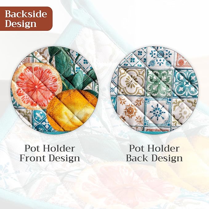 Maison d' Hermine Pot Holders 100% Cotton Heat Resistant Potholders 8" x 8" Hot Pads with Loop BBQ Cooking Baking Gifts for Mothers Day Handling Hot Pans Spring/Summer (Pack of 2, Agrume)