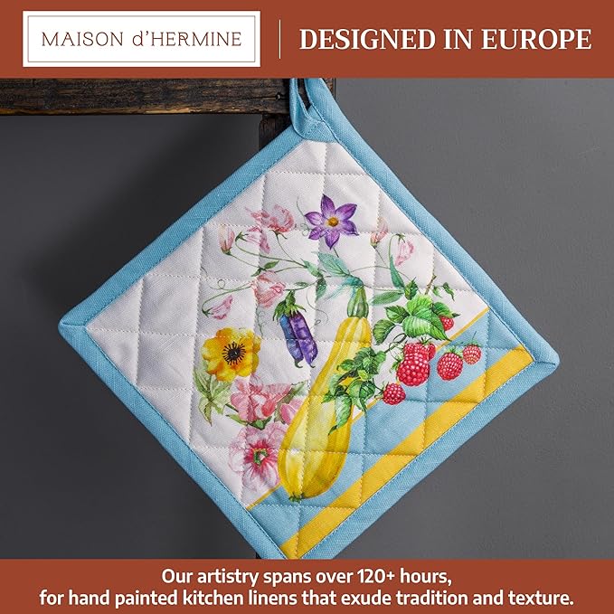 Maison d' Hermine Pot Holders 100% Cotton Heat Resistant Potholders 8" x 8" Hot Pads with Loop BBQ Cooking Baking Gifts for Mothers Day Handling Hot Pans Spring/Summer (Pack of 1, Giverny)