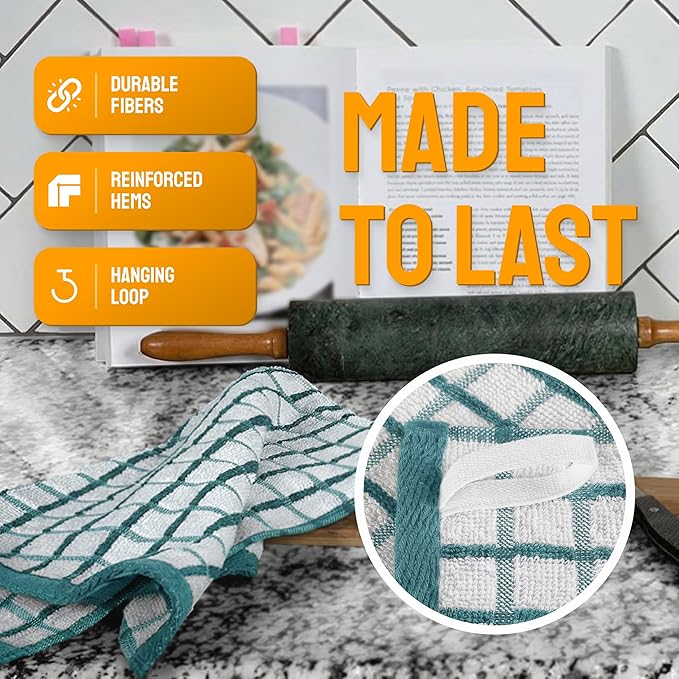 White Classic [8 Pack] Premium Dish Towels for Kitchen, with Hanging Loop - Heavy Duty Absorbent 100% Cotton 410 GSM Terry Kitchen Towels, 16x26 (Aqua)