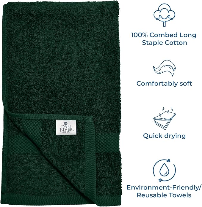 DAN RIVER 6-Pack Premium Hand Towels (16x28 Inches) - 100% Cotton, Ultra Soft, Lightweight, Highly Absorbent Towels for Bathroom, Spa, Gym, Salon, Hotel, and Travel - Hunter Green