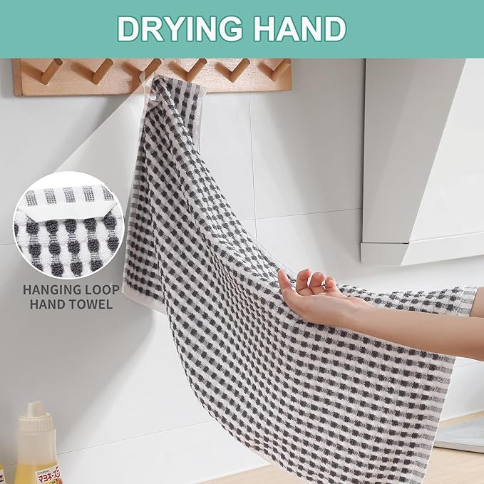 SALAS Cotton Dish Towels Cloths for Kitchen Drying Dishes, Lattice Terry Towels, Highly Absorbent Kitchen Cloths with Hanging Loop, 16‘’ x 26‘’, 4 Packs, Gray