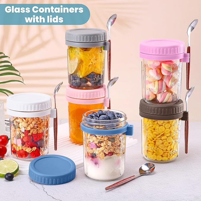 6 Pack Overnight Oats Containers with Lids and Spoons, 16 oz Glass Mason Jars with Airtight Lids, Meal Prep Containers, Overnight Oats Jars for Milk, Cereal, Fruit